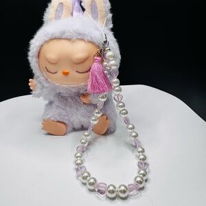 Pink heart & glass pearl phone strap phone charm
